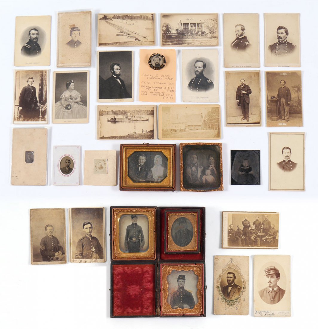 COLLECTION OF CIVIL WAR ERA PHOTOGRAPHS: COLLECTION OF CIVIL WAR ERA PHOTOGRAPHS: An assembled collection to include 1) Sixth plate ambrotype of a Union soldier with his trusty cavalry sword in a leather case. 2) Sixth plate ambrotype of a U