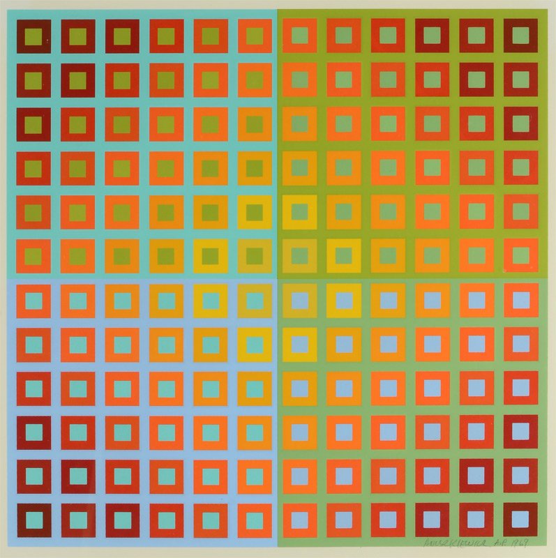 RICHARD ANUSZKIEWICZ "SPECTRAL SQUARE" SERIGRAPH: ANUSZKIEWICZ, Richard, (American, 1930- ): "Spectral Square", Serigraph, 19" x 19", pencil signed lower right, marked AP, dated 1969, labeled verso, custom frame 28 1/4" x 28 1/4".