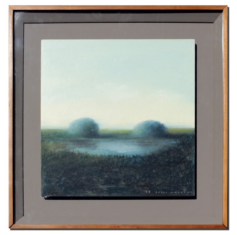 CAROL ANTHONY CRAY-PAS LANDSCAPE PAINTING HAYSTACK: ANTHONY, Carol, (American, 1943- ): Two Haystacks in a Landscape with Pond, Cray-Pas, 11 3/4'' x 11 3/4'', signed lower right, dated '83, framed 17'' x 17'', acquired directly from the Artist.