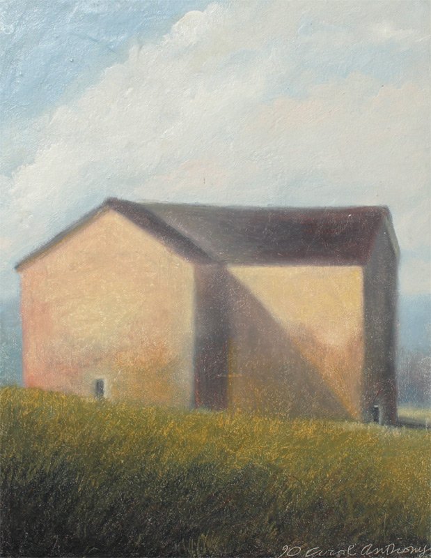 CAROL ANTHONY CRAY-PAS BARN PAINTING: ANTHONY, Carol, (American, 1943- ): Misty Barn Landscape, Cray-Pas, 13 3/4'' x 11 1/4'', signed lower right, dated '90, not under glass or plexi, painted frame 17 1/8'' x 14 1/4''.
