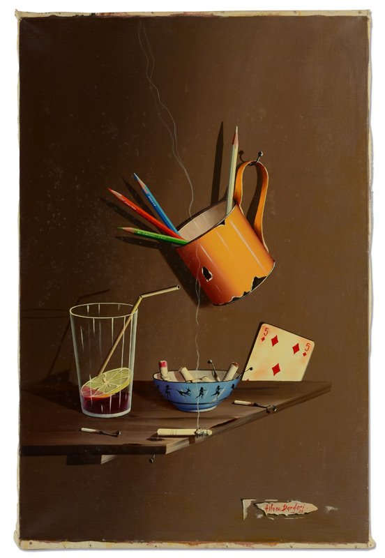 ALFANO DARDARI TROMPE L' OEIL STILL LIFE PAINTING: DARDARI, Alfano, (Italian, 1924- ): Trompe l' oeil with Musical Theme and Burning Cigarette, Oil/Canvas, 19 3/4" x 24", signed lower left, dated 1970, unframed.
