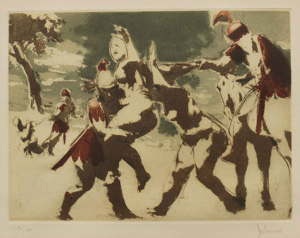 JACK LEVINE RAPE OF THE SABINE WOMEN: LEVINE, Jack, (American, 1915-2010): "Rape of the Sabine Women", Color Etching, Sight size 9 1/2" x 12 1/4", pencil signed lower right, #'d 62/100 lower left, Artist's bio affixed verso, custom frame