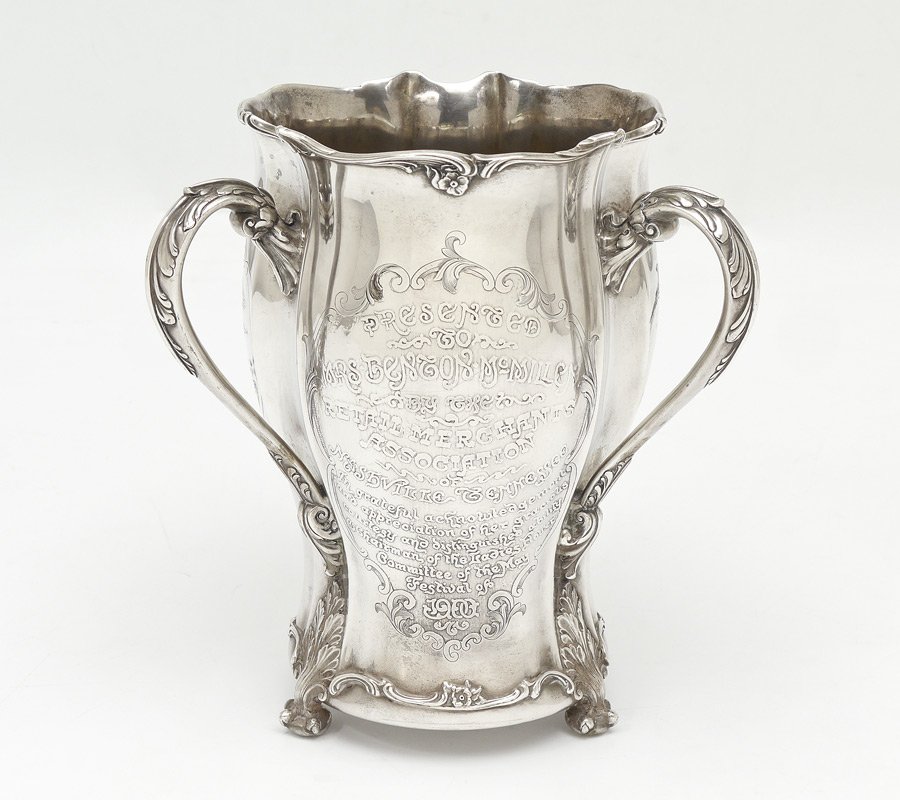 IMPORTANT TENNESSEE STERLING PRES. LOVING CUP: IMPORTANT TENNESSEE STERLING PRESENTATION LOVING CUP: Tri handled sterling silver loving cup by Gorham presented to the wife of the Governor of Tennessee in 1900. Presentation reads "Presented to Mrs.