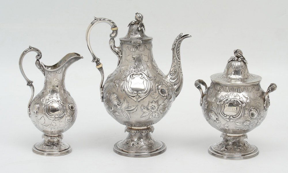 3 PIECE JOHN C. MOORE COIN SILVER COFFEE SET: 3 PIECE JOHN C. MOORE COIN SILVER COFFEE SET: 3 pieces total with repousse floral motifs with hallmarks for John C. Moore, New York, and J & I Cox. Circa early to mid 19th century. Pieces to include 1