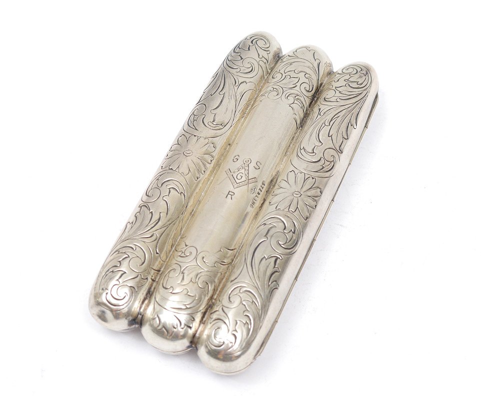 MASONIC 3 TUBE STERLING CIGAR CASE: MASONIC 3 TUBE STERLING CIGAR CASE: 3 tube case with engraved foliate scroll, compass and square and monogrammed. Illegible makers hallmark, Webster Co?. 5" x 2 1/4", approx. 2.4 troy oz.