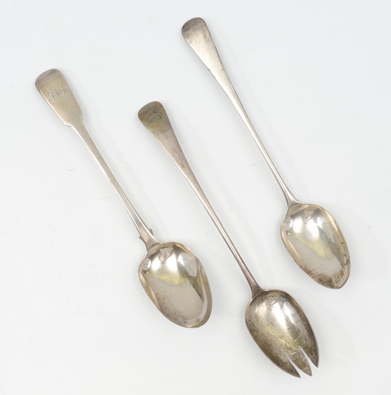 3 PC GEORGIAN ENGLISH SILVER STUFFING SPOONS: 3 PIECE ENGLISH SILVER STUFFING SPOONS: 3 pieces total to include 1) 1820 London, Joseph Hardy maker, monogrammed, 11 5/8" long. 2) 1809 London, Richard Crossley & George Smith makers, tined bowl, mon