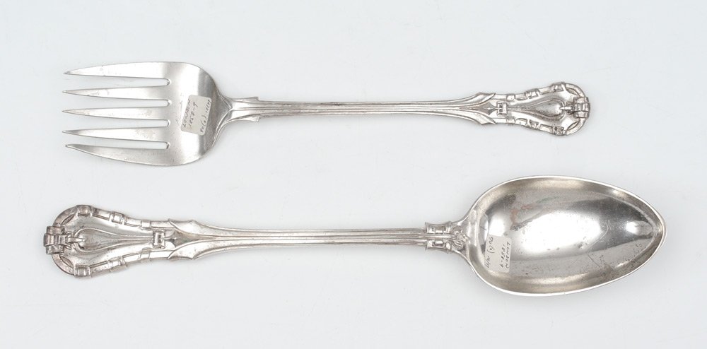 1858 HENRY JOHN LIAS ENGLISH SILVER SERVING SET: HENRY JOHN LIAS ENGLISH SILVER SERVING SET: 2 piece set, 1858 London hallmarks, Henry John Lias & Henry John Lias makers hallmark, to include stuffing spoon (12" long), serving fork 10 1/4". Approx. 1