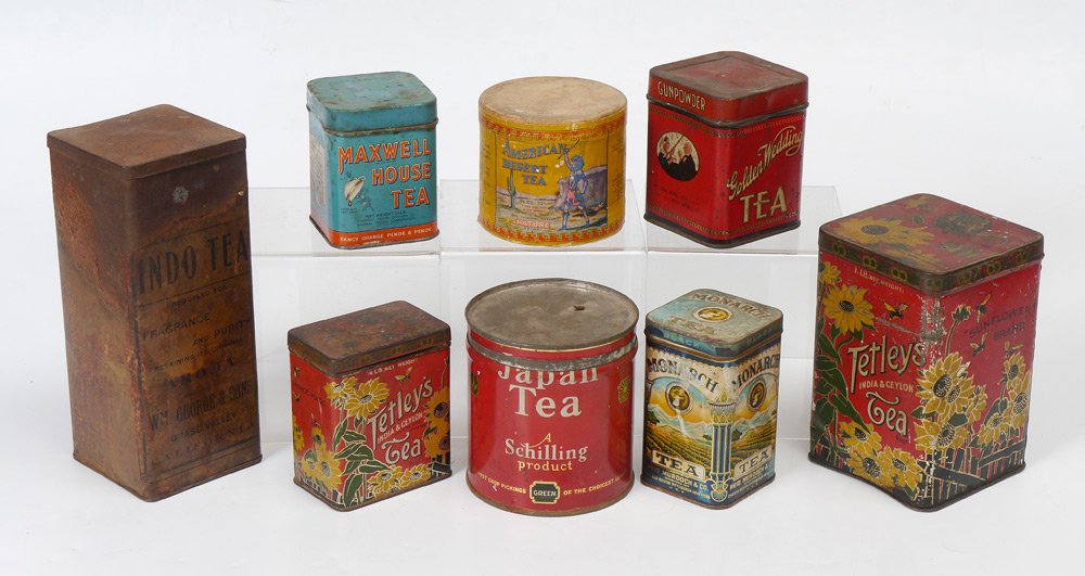 8 PIECE TEA ADVERTISING TINS: 8 PIECE TEA ADVERTISNG TINS: 8 pieces total to include 1) Wm. George & Sons Indo Tea, 8 3/8" x3 1/2" x 3 1/2". 2) Teltey's Tea, 6" h. 3) Tetley's Tea, 4". 4) Japan Tea, 4 1/4". 5) Maxwell House Tea, 3