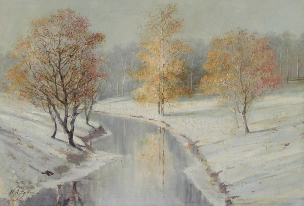 EYDEN WINTER STREAM PAINTING: EYDEN, William Arnold, Jr., (American, 1893-1982): Winter Stream, Oil/Canvas, 24" x 34 1/2", signed lower left, period gilded gesso frame 32 1/2" x 42 1/2".