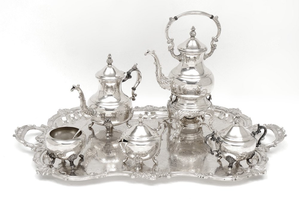 5 PIECE ROGERS SILVERPLATE TEA SERVICE: 5 PIECE ROGERS SILVERPLATE TEA SERVICE: 6 pieces total, 5 pattern number 2377 by F. B. Rogers to include 1) Hot water kettle on stand, 15 1/4" h. x 9 1/2". 2) Teapot, 9 3/4" h. x 11 1/4". 3) covered c