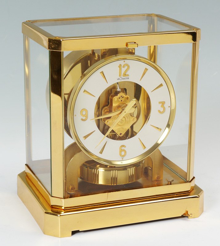 1960'S LECOUTRE ATMOS CLOCK: 1960'S LECOUTRE ATMOS CLOCK: Serial number 232086 dates to later 1960's, brass case with glass sides and top. Marked on dial and movement, overall measures 9 1/4" h. x 8 1/4" x 6 1/4".