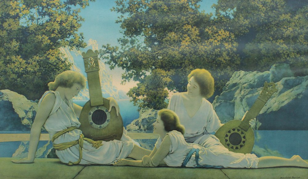 MAXFIELD PARRISH LITHOGRAPH "THE LUTE PLAYERS": PARRISH, Maxfield, (American, 1870-1966): "The Lute Players", Lithograph, 18" x 30", encased in original carved and gilded frame 22 1/2" x 34 1/2".