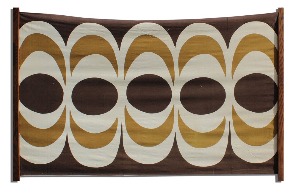 MAIJA ISOLA MARIMEKKO OY SUOMI TEXTILE: MAIJA ISOLA MARIMEKKO OY SUOMI TEXTILE: Wall hanging textile titled "Kaivo", well-marked on border, with names, Finland, 1965. Mounted to board at either end. Overall measures 84" x 54".