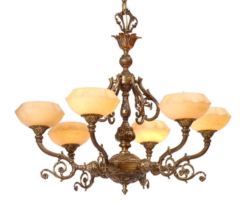 BRONZE CHANDELIER ALABASTER SHADES: BRONZE AND ALABASTER CHANDELIER: 6 light dore bronze, curved arm chandelier. Measures approx. 31'' dia. x 24'' high, excluding the chain and ceiling cap.
