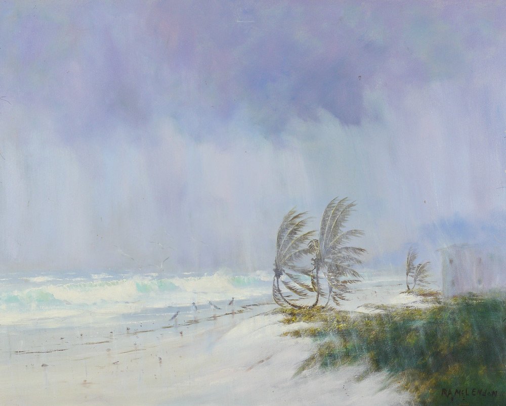 ROY MCLENDON FLORIDA HIGHWAYMEN PAINTING: MCLENDON, Roy A. (American, 1938-): Florida Highwaymen Coastal Rain Storm, Oil/Canvas, signed lower right, also signed verso on stretcher and dated '91, 24'' x 30'', framed 27 3/4'' x 34''.