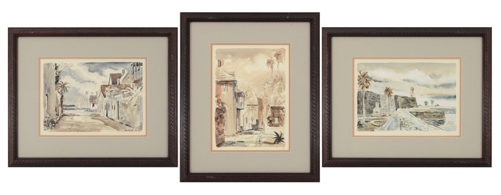 THREE EMMETT FRITZ ST AUGUSTINE PAINTINGS: FRITZ, Emmett (John Emmett), (American, 1917-1995): Three Paintings of St. Augustine, Florida; One Scene Depicts The Fort, the other is a Street in St. Augustine with a View of the Harbor, and the las