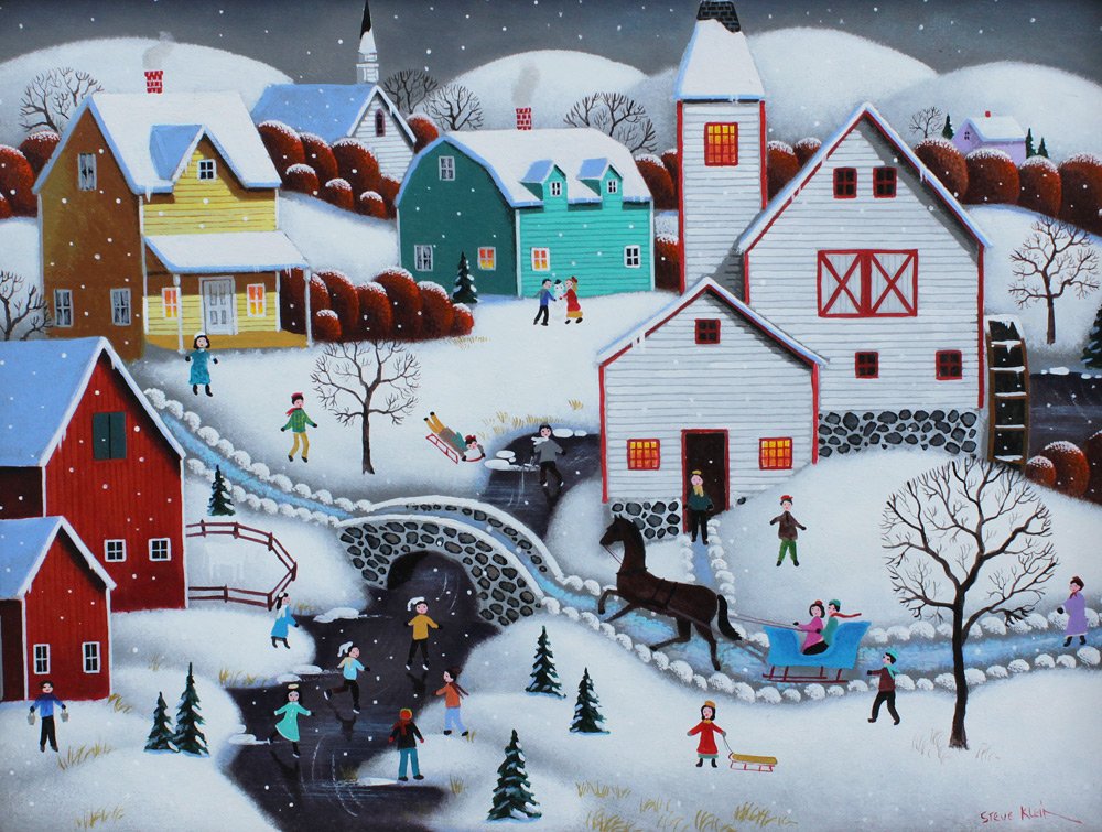 STEVEN KLEIN ''MILLPOND SKATERS'' PAINTING: KLEIN, Steven, (American, 20th Century): ''Millpond Skaters'', Oil/Board, Sight size 11 3/4'' x 15 5/8'', signed lower right, labeled verso with title, contemporary framing 13 1/2'' x 17 1/4''.