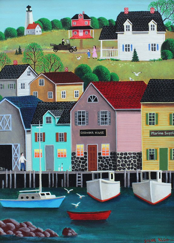 STEVEN KLEIN NAIVE NEW ENGLAND COASTAL PAINTING: KLEIN, Steven, (American, 20th Century): Naive Coastal Scene, Oil/Board, Sight size 15 1/2'' x 11 1/2'', signed lower right, custom contemporary frame 17 1/2'' x 13''.