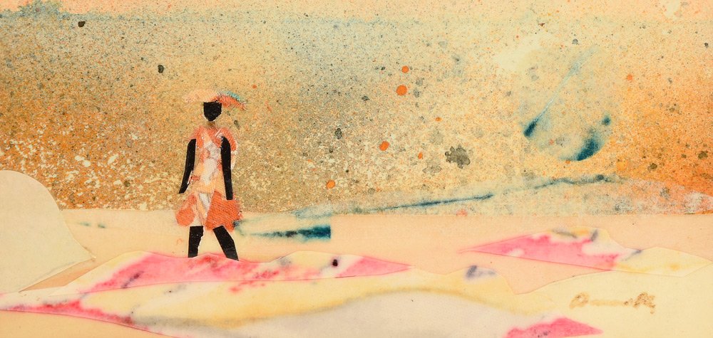 JAMES DENMARK SURF WALKER COLLAGE: DENMARK, James, (American, 20th Century): Surf Walker Collage, Sight size 2 3/4" x 5 3/4", signed lower right, old label on tape affixed verso, encased in a wooden frame approximately 9" x 12".