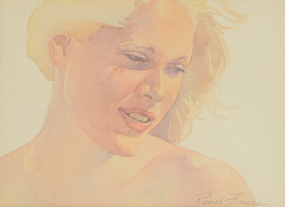 RENEE FAURE "THERESA" WATERCOLOR PAINTING: FAURE, Renee, (American, 20th Century): "Theresa", Watercolor, Sight size 5" x 6 3/4", signed lower right, titled verso, metal frame 12 1/4" x 14 1/4". Third generation artist Renee Faure is the daugh