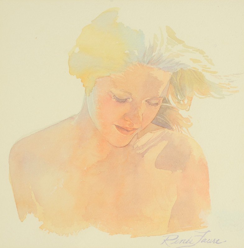 RENEE FAURE WATERCOLOR PORTRAIT PAINTING "SPRING": FAURE, Renee, (American, 20th Century): "Spring", Watercolor, Sight size 9 1/2" x 9 1/2", signed lower right, modern metal frame 16 1/8" x 20 1/8". Third generation artist Renee Faure is the daughter 