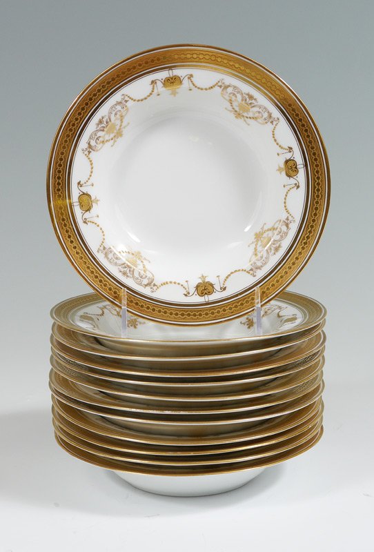 12 FRENCH LIMOGES SOUP PLATES BERNARDAUD: SET OF 12 FRENCH LIMOGES RIM SOUP BOWLS: Bernardaud / D & Co. Rich gold enameling on white, 7 3/4'' dia.