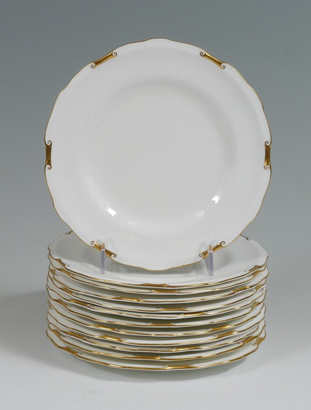 12 ROYAL CROWN DERBY REGENCY SALAD PLATES: SET OF 12 ROYAL CROWN DERBY ''REGENCY'' PLATES: Salad or dessert plates, 8'' dia. Gold on white.