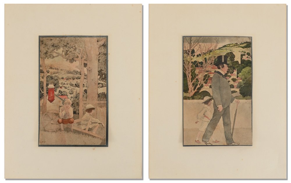 2 MAXFIELD PARRISH HAND COLORED LITHOGRAPHS: PARRISH, Maxfield, (American, 1870-1966): 2 Illustration quality scaled down hand colored Lithographs depicting what were once probably covers for the Saturday Evening Post, approximately 6" x 4" each