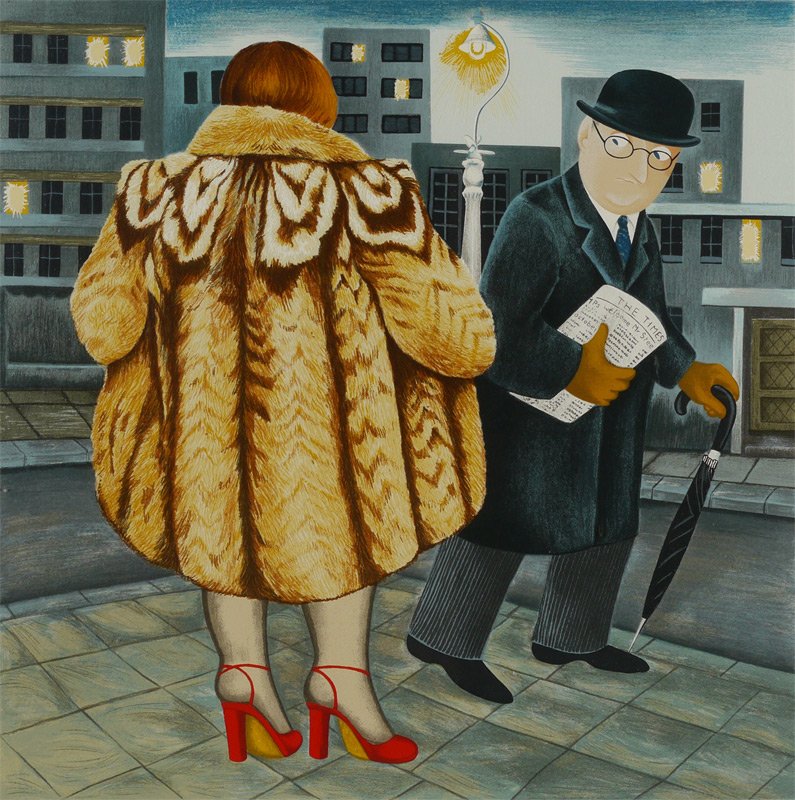 BERYL COOK "MY FUR COAT" SERIGRAPH: COOK, Beryl, (English, 1926-2008): “My Fur Coat”, Serigraph, Sight size 22 1/2” x 22 1/2”, pencil signed lower right, #’d 17/200 lower left, custom frame and matting 32” x 31”.