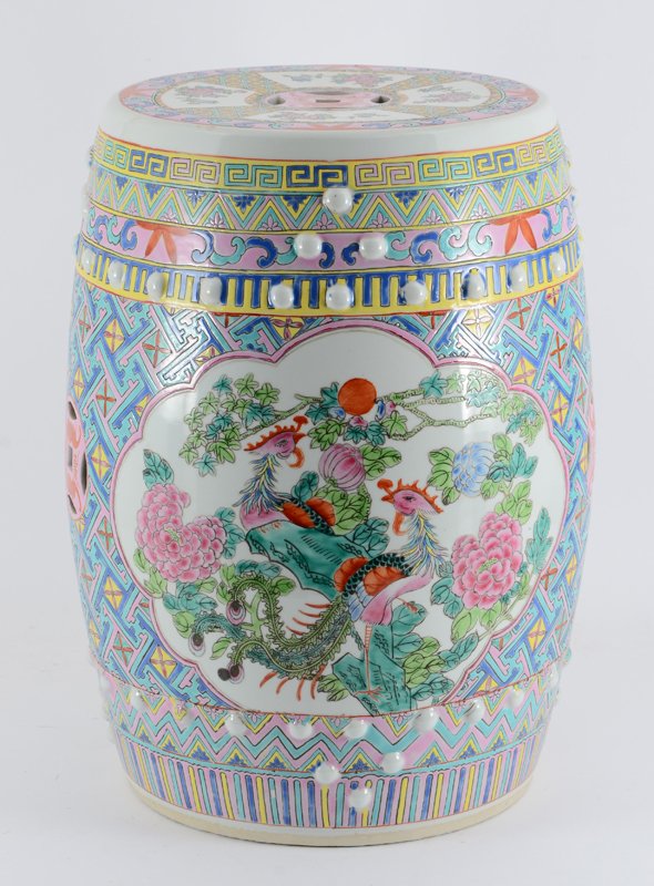 CHINESE GARDEN SEAT: CHINESE GARDEN SEAT: 20th Century, polychrome decorated with birds of paradise in reserves. 18 1/2'' x 13 3/4''.