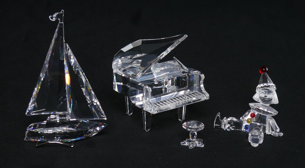 SWAROVSKI CRYSTAL PIANO SAILBOAT PUPPET: SWAROVSKI CRYSTAL FIGURES, 3 PC LOT: 1) GRAND PIANO with STOOL 7477 000 006, Martin Zendron designer, issued 1993 retired 2008. With box and certificate. 2) SAILBOAT 7473 000 004, Gabriele Stamey desi
