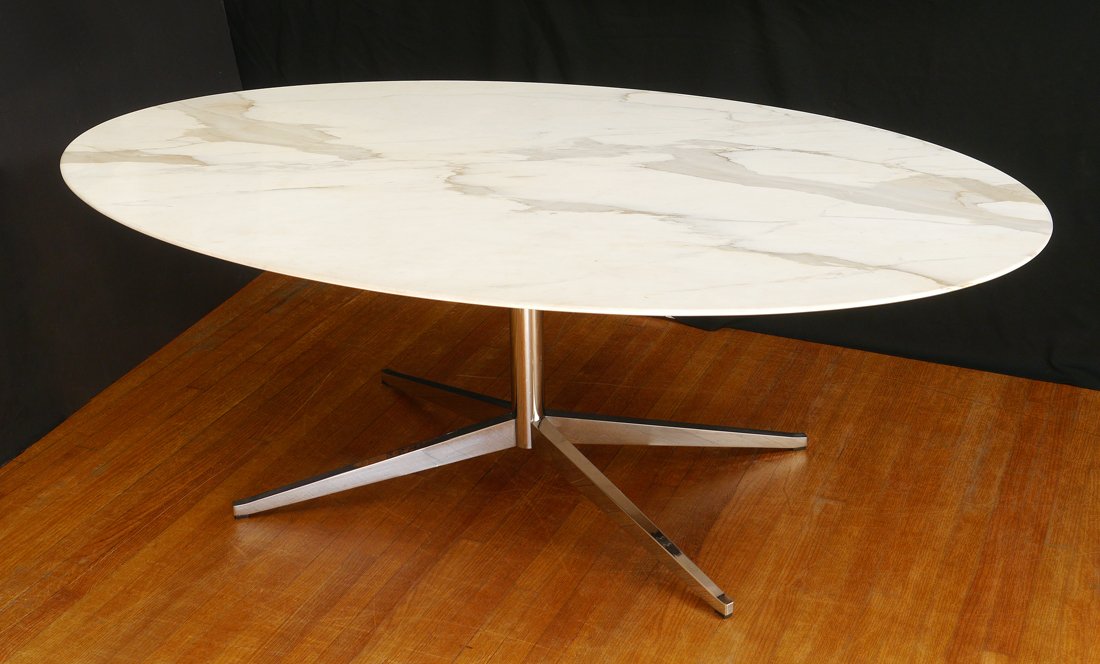 FLORENCE KNOLL DINING /CONFERENCE TABLE: FLORENCE KNOLL MID CENTURY DINING /CONFERENCE TABLE: Oval marble top over chrome plated , four leg base. steel pedestal Chrome base w/marble top, Knoll label. Knoll label on underside of marble. Appro