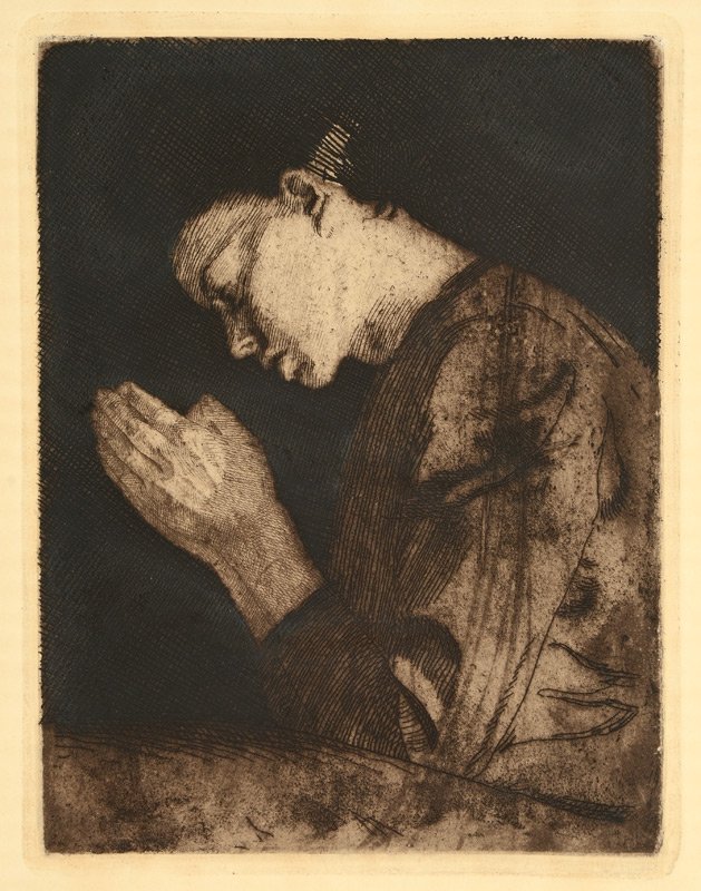 KATHE KOLLWITZ "BATENDES MADCHEN" ETCHING: KOLLWITZ, Kathe, (German, 1867-1945): ''Batendes Madchen'', Etching, Sight size 12'' x 9 3/4'', Blind Stamp in the lower right corner ''Muchen 22'', framed 14 1/4'' x 12''.