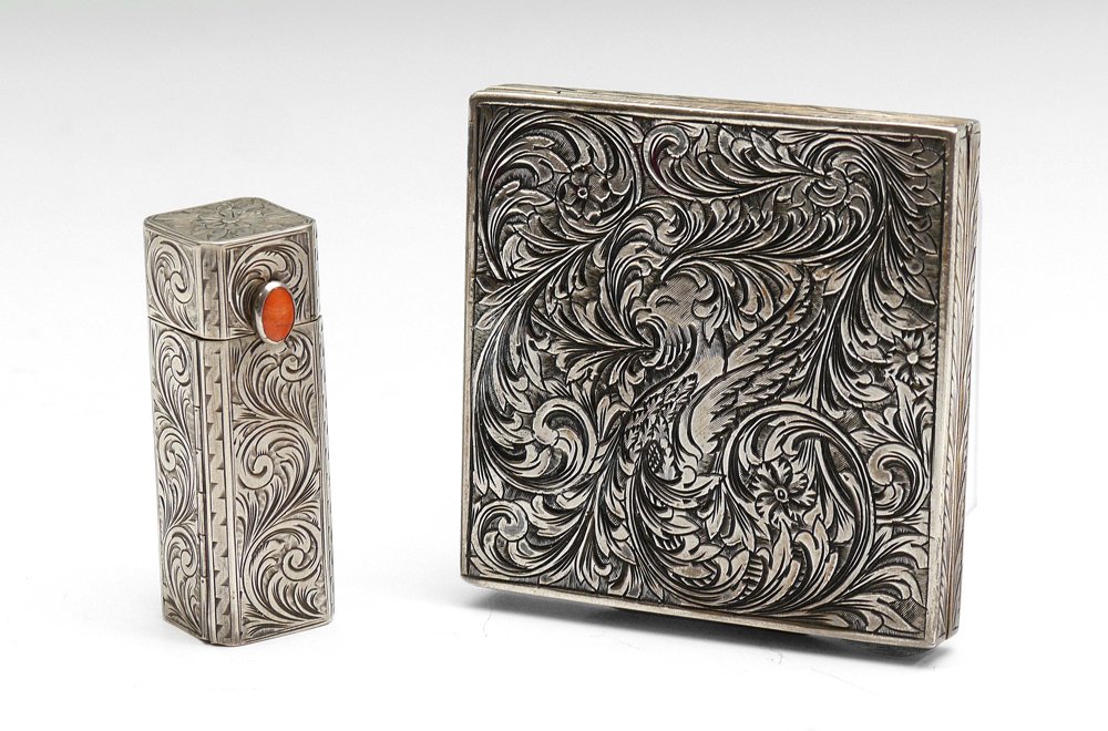 CONTINENTAL SILVER COMPACT & LIPSTICK: CONTINENTAL SILVER COMPACT & LIPSTICK: 2 pieces total to include 1) Italian 800 silver compact with bird, foliate and scroll motif; mirror, powder and puff interior, 3" x 2 3/4". 2) 800 silver lipstic