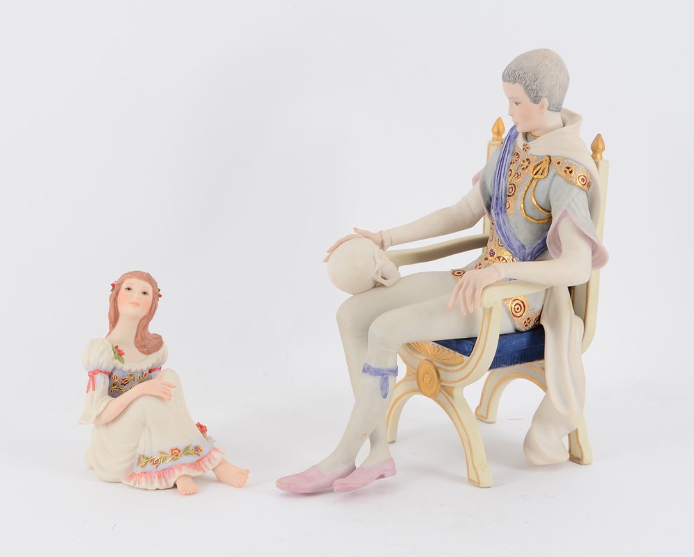 2 PIECE CYBIS PORCELAIN HAMLET & SEATED WOMAN: 2 PIECE CYBIS PORCELAIN HAMLET & SEATED WOMAN: 2 pieces total to include 1) Figure of Hamlet seated on a throne holding a skull, signed Cybis, #476. 11" h. x 6" x 8 1/2". 2) Seated young woman, signed