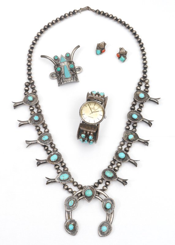 4 SILVER JEWELRY NATIVE AMERICAN & MEXICAN: GROUP OF NATIVE AMERICAN TURQUOISE JEWELRY: 4 pieces of silver jewelry to include, 1) Squash Blossom necklace with 10 blossoms, each with a turquoise cabochon, on a double strand of silver beads endin