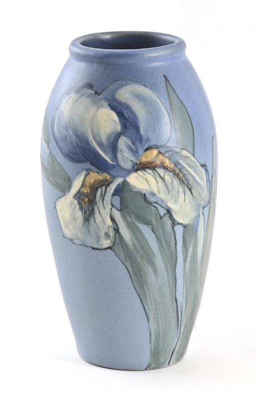 ARTIST SIGNED LEFFLER WELLER HUDSON KAPPA IRIS VAS: ARTIST SIGNED LEFFLER WELLER POTTERY HUDSON KAPPA IRIS VASE: Raised iris motif decoration signed by the artist Claude Leffler for the Kappa Kappa Gamma sorority. Weller made these pieces only from 192