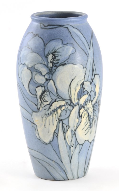 WELLER HUDSON KAPPA KAPPA GAMMA IRIS VASE: WELLER HUDSON POTTERY KAPPA KAPPA GAMMA IRIS VASE: Raised iris motif decoration for the Kappa Kappa Gamma sorority. Weller made these pieces only from 1928-1933. Marked on base with Weller Ware and so