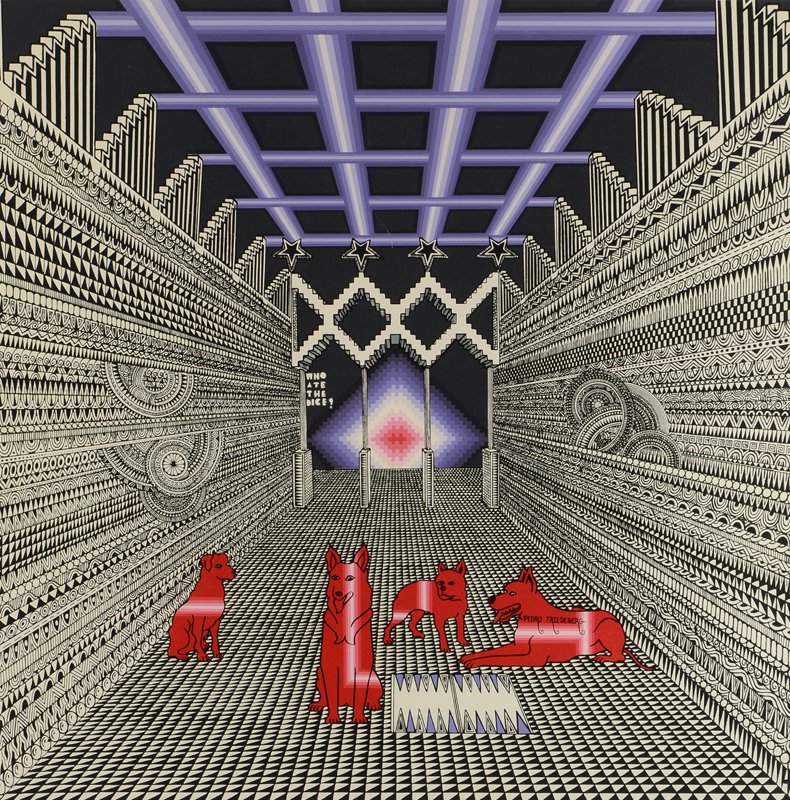 PEDRO FRIEDEBERG OP ART SILK SCREEN COMPOSITION: FRIEDEBERG, Pedro, (Mexican-Italian, 1936- ): Op Art Composition with Wolves & Dogs, Silk Screen, image size 20 1/2" x 20 1/2", pencil signed lower right, dated '72, #'d lower left 10/50, framed 30" x