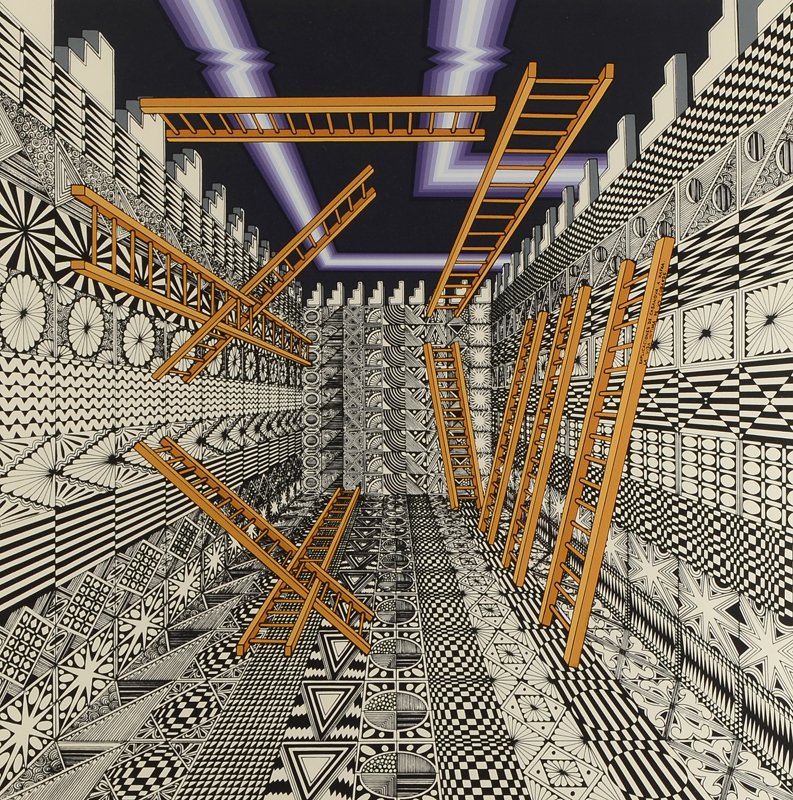 PEDRO FRIEDEBERG OP ART COMPOSITION WITH LADDERS: FRIEDEBERG, Pedro, (Mexican-Italian, 1936- ): Op Art Composition with Ladders, Silk Screen, image size 20 1/2" x 20 1/2", pencil signed lower right, dated '72, #'d 27/50 lower left, framed 30" x 30".