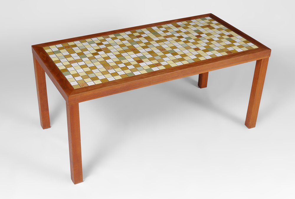 MARSHALL STUDIOS / MARTZ TILE TOP TABLE: TEAK GORDON & JANE MARTZ MARSHALL STUDIOS TILE TOP TABLE: Coffee table designed by Gordon & Jane Martz for Marshall Studios, polychrome inset tile top, measures 19 3/8" h. x 42 1/2" x 21 1/4".
