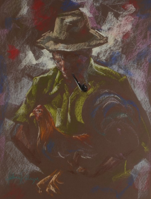 ALIRIO RODRIGUEZ PASTEL OF A MAN WITH CHICKEN: RODRIGUEZ, Alirio, (Venezuelan, 1934- ): Man with Chicken, Pastel, Sight size 25 1/2" x 18 3/4", signed lower left, black lacquer frame 35" x 28 1/4".