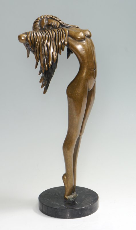 TOM BENNETT NUDE BEAUTY BRONZE: BENNETT, Tom, (American, 20th C.): Young Nude Dancer, Patinated Bronze, 24" h., 25" with marble plinth, signed on the foot, dated '85 and numbered 98/150.