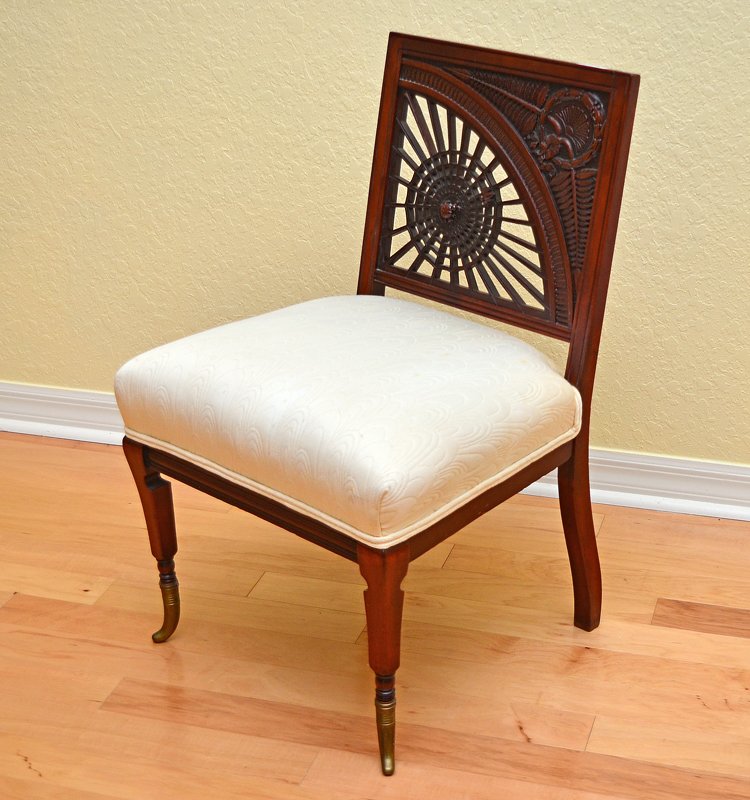 CARVED MAHOGANY AESTHETIC MOVEMENT "SPIDER" CHAIR: CARVED MAHOGANY AESTHETIC MOVEMENT "SPIDER" CHAIR: Design incorporates a spider web, spider, and butterfly caught in the web. The design of the back also includes a pair of what appear to be palm fron