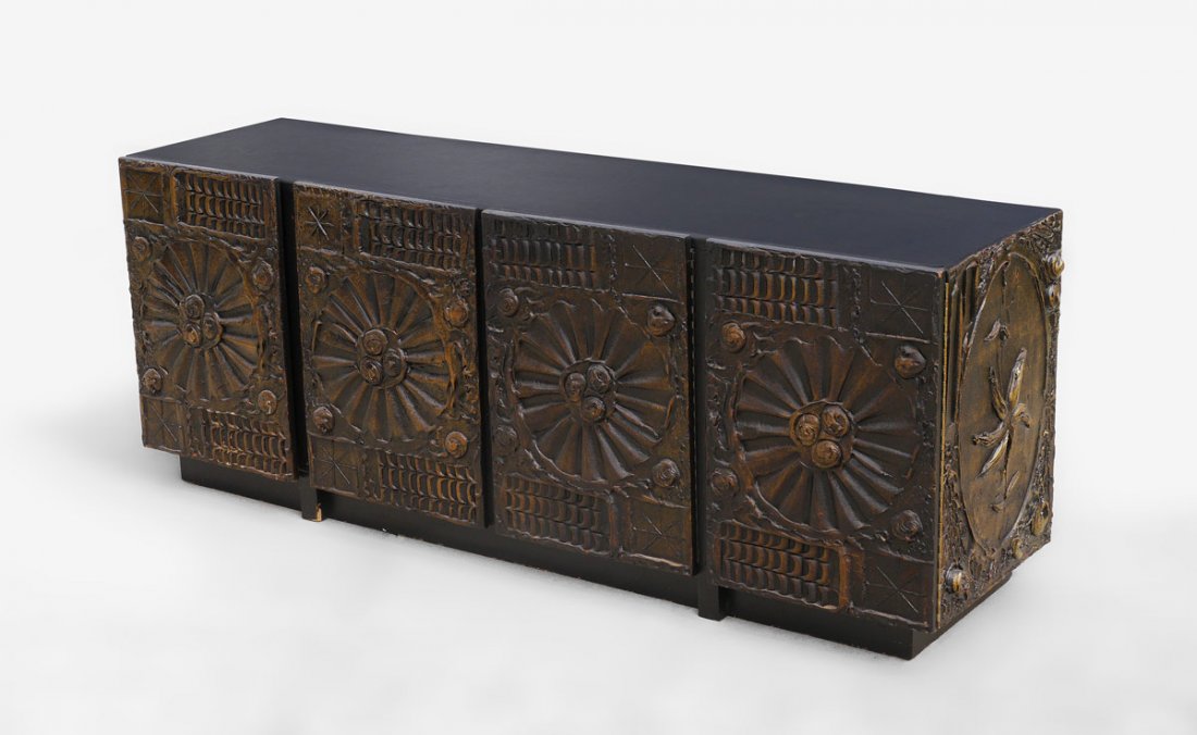 ADRIAN PEARSALL BRONZED COMPOSITE CREDENZA: ADRIAN PEARSALL CREDENZA: Ca. 1970's. Bronzed composite and laminate. Four doors, center two open to drawer and lower shelf, side two open to narrow shelf over open area. 26" h. x 69 1/4" x 18 1/4".
