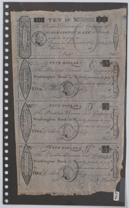 UNCUT SHEET 1808 WASHINGTON BANK WESTERLY NOTES: UNCUT SHEET 1808 WASHINGTON BANK NOTES: Very rare notes, printed on very thin paper by Amos Doolittle, New Haven and dated 1808, from the Washington Bank in Westerly, Rhode Island. To include a $10 do