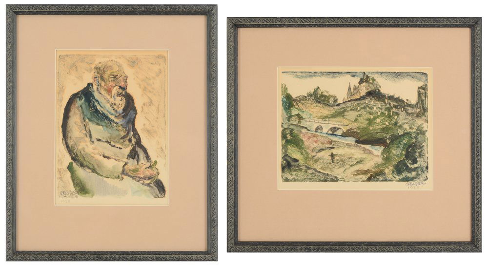 TWO WILLIAM GROPPER MONOPRINTS: GROPPER, William, (American, 1897-1977): Two Rare Gropper Monoprints to include; 1) European Landscape with Castle and Cemetary, Sight size 6 3/4" x 8 1/2", pencil signed lower right, dated 1928, fram