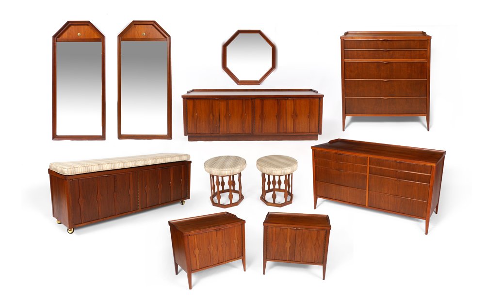 11 PIECE FOSTER MCDAVID MID CENTURY BEDROOM FURNIT: 11 PIECE FOSTER MCDAVID MID CENTURY BEDROOM FURNITURE: Manufactured by Tampa designer Foster McDavid, walnut set to include 5 drawer TALL CHEST (39 3/4" x 36 3/8" x 18 1/2"), 6 drawer DRESSER (31" h. 