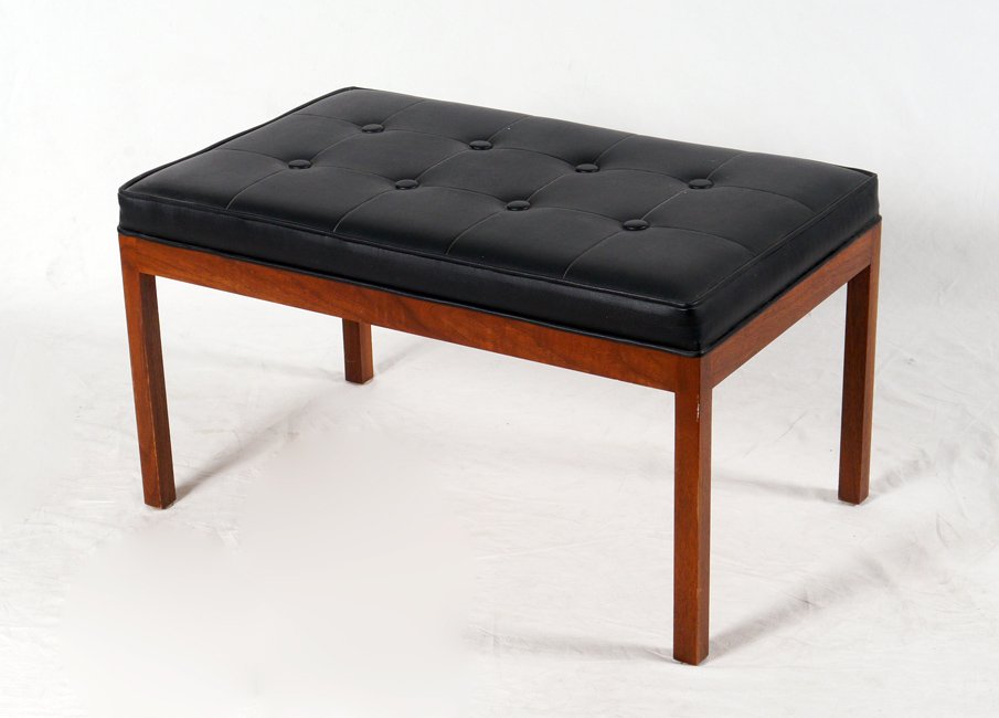 FOSTER MCDAVID MID CENTURY LEATHER TOP BENCH: FOSTER MCDAVID MID CENTURY LEATHER TOP BENCH: Manufactured by Tampa designer Foster McDavid, tufted black leather seat. 16 1/2'' h. x 30 1/4'' x 18 1/2''. For a matched pair see next lot 1225.
