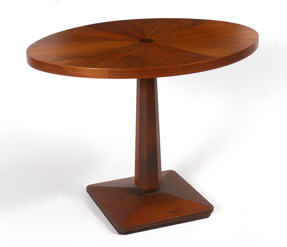 FOSTER MCDAVID MID CENTURY OVAL SIDE TABLE: FOSTER MCDAVID MID CENTURY OVAL SIDE TABLE: Oval top, octagonal pedestal support, square base. Overall 18 1/2'' h. x 24'' x 18''.